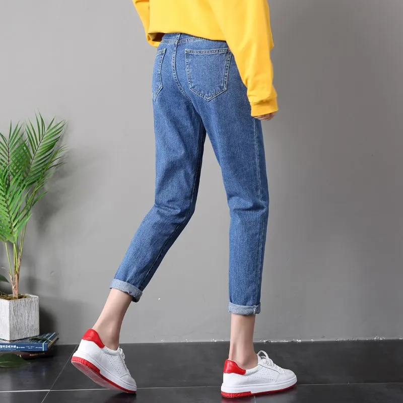 2019 зимние однотонные женские Джинсы бойфренда с высокой талией для карандашей, джинсовые джинсы для мам, длинные брюки для женщин, большие