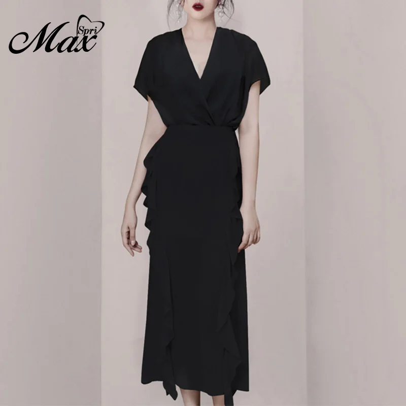 

Max Spri 2019 Fashion Women Set Summer Style Solid Black V-neck Short Sleeve Top High Waist Ruffle Decor Midi Skirt