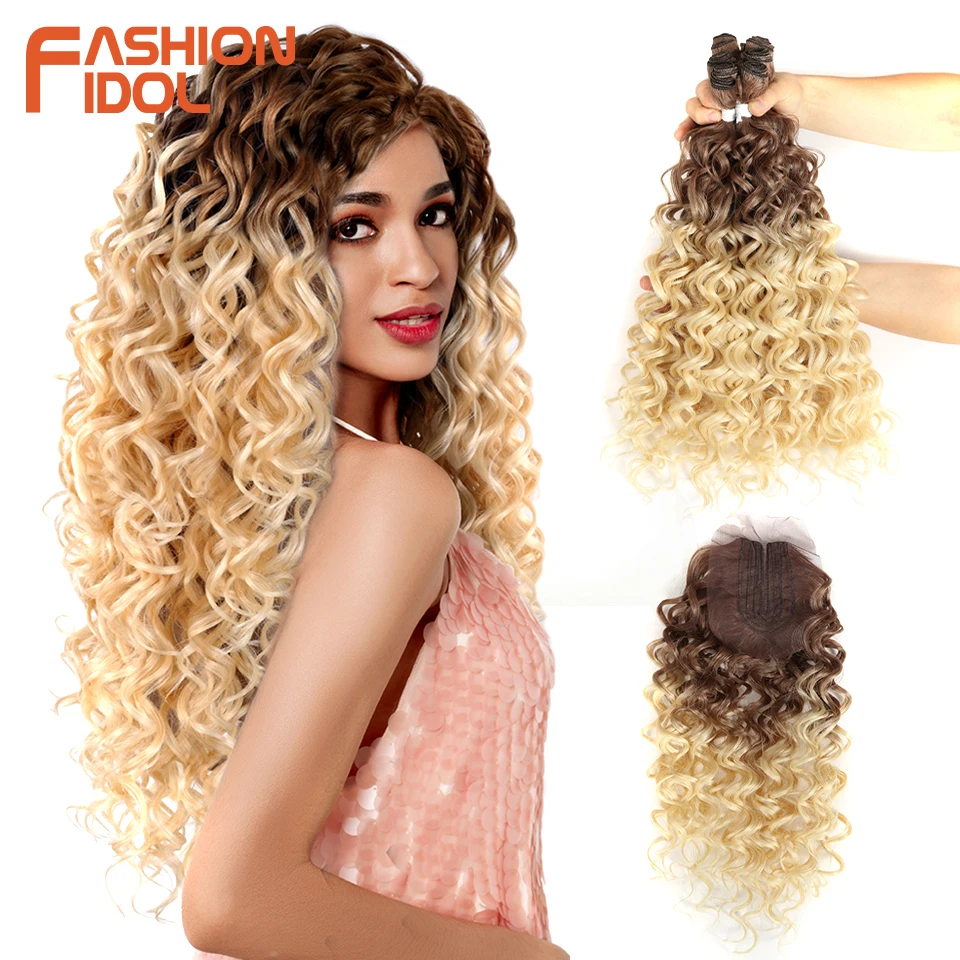 FASHION IDOL Deep Wave Bundles With Closure Synthetic Hair Extension