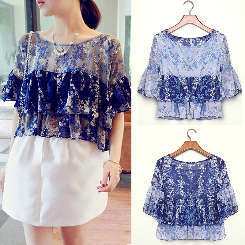 Free Shipping 2014 Women Blouse Flare Sleeve Casual Shirt Floral Print Chiffon Ruffles Summer Tops 5741 |