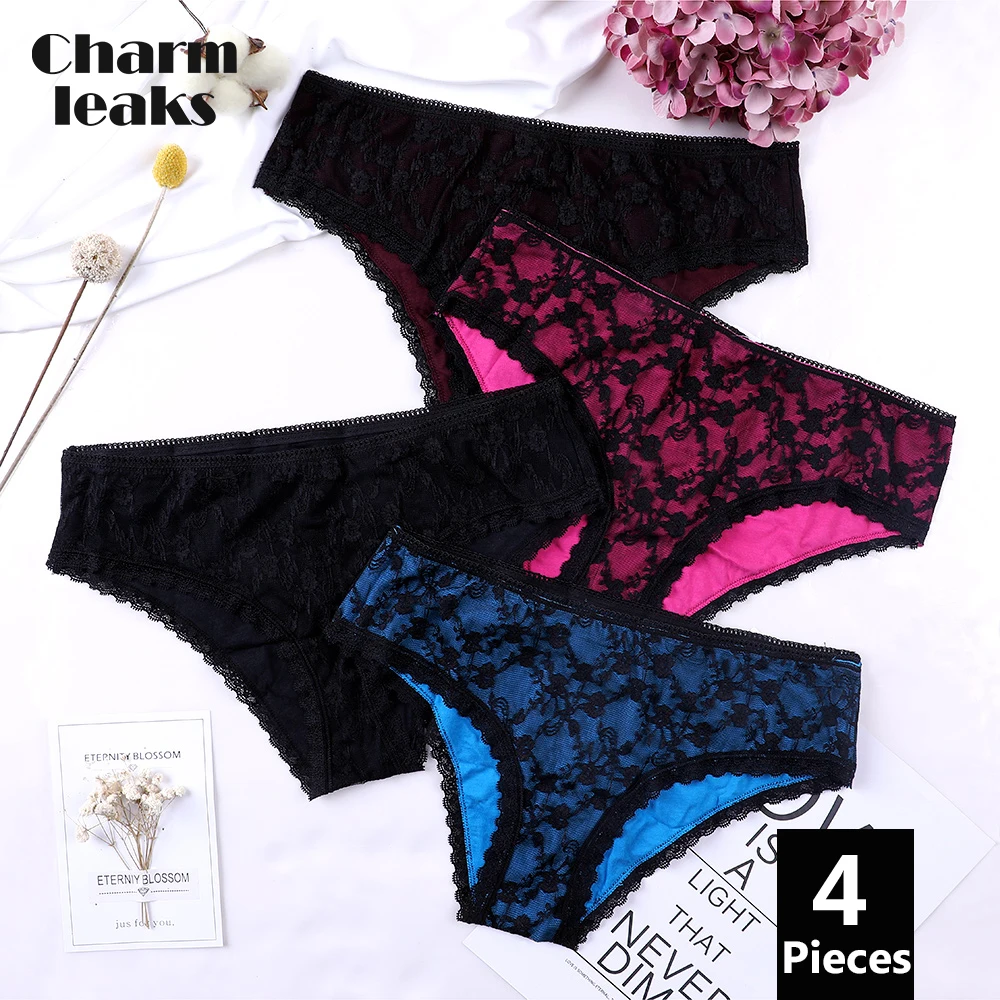 

Charmleaks Women's Lace Hipster Underwear V String Sexy Panties Tanga Briefs Geometric Cotton skin-friendly comfortable 4 Pack