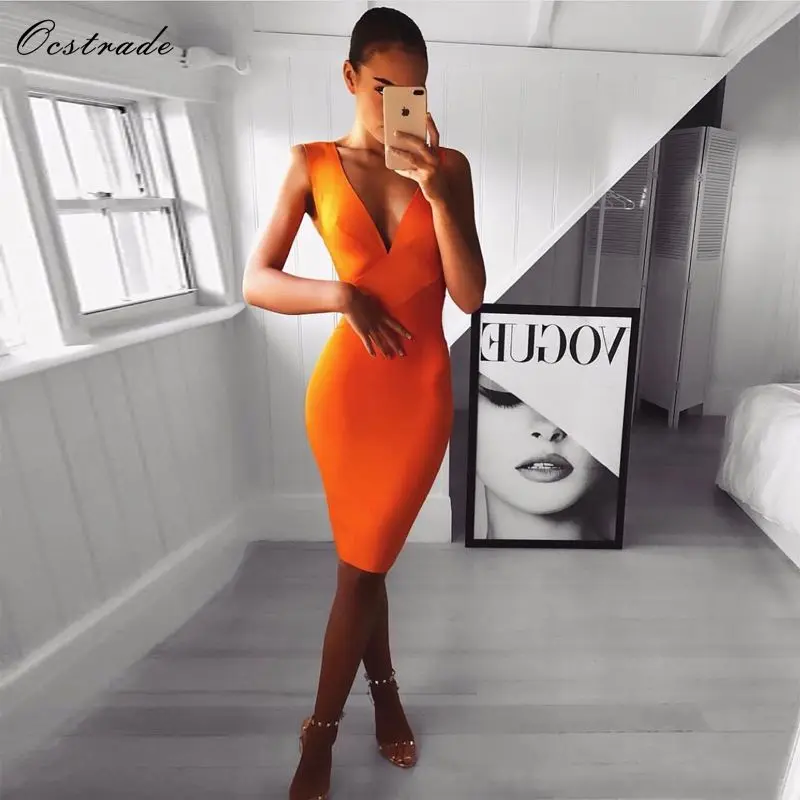 Ocstrade Sexy Dress Club Wear Summer Party Dress 2019 New Arrival Orange Deep v Neck Women Bandage Dress Bodycon Sleeveless XL
