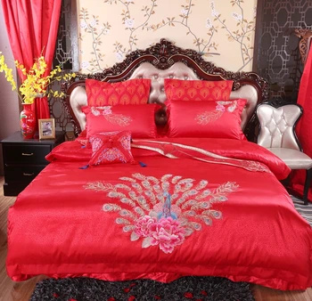 

Silk Cotton Golden Peacock embroidery Luxury wedding Bedding set 4/6/9Pcs King Queen size bedspread set Duvet cover pillow sh