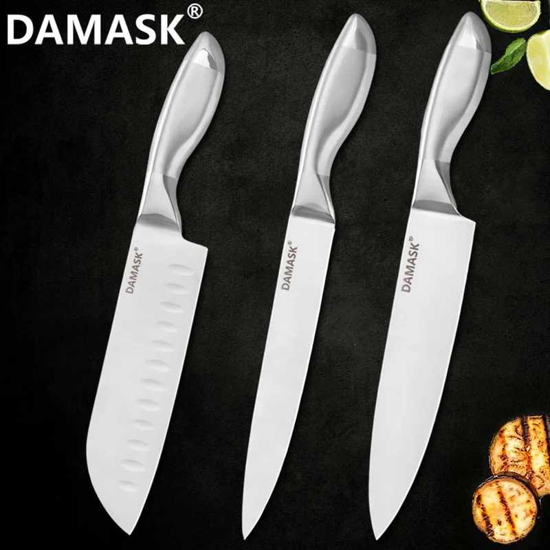 3 PCS Дамасский набор кухонных ножей, кухонный нож японского шеф-повара из нержавеющей стали с подставкой для ножей, эргономичный дизайн ручки, нож для мяса - Цвет: 3 PCS