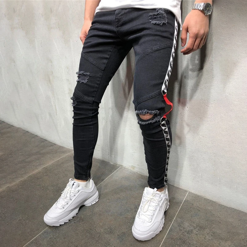 Knee Hole Side Zipper Slim Distressed Jeans Men Ripped tore up streetwear For Men slim stripe pants