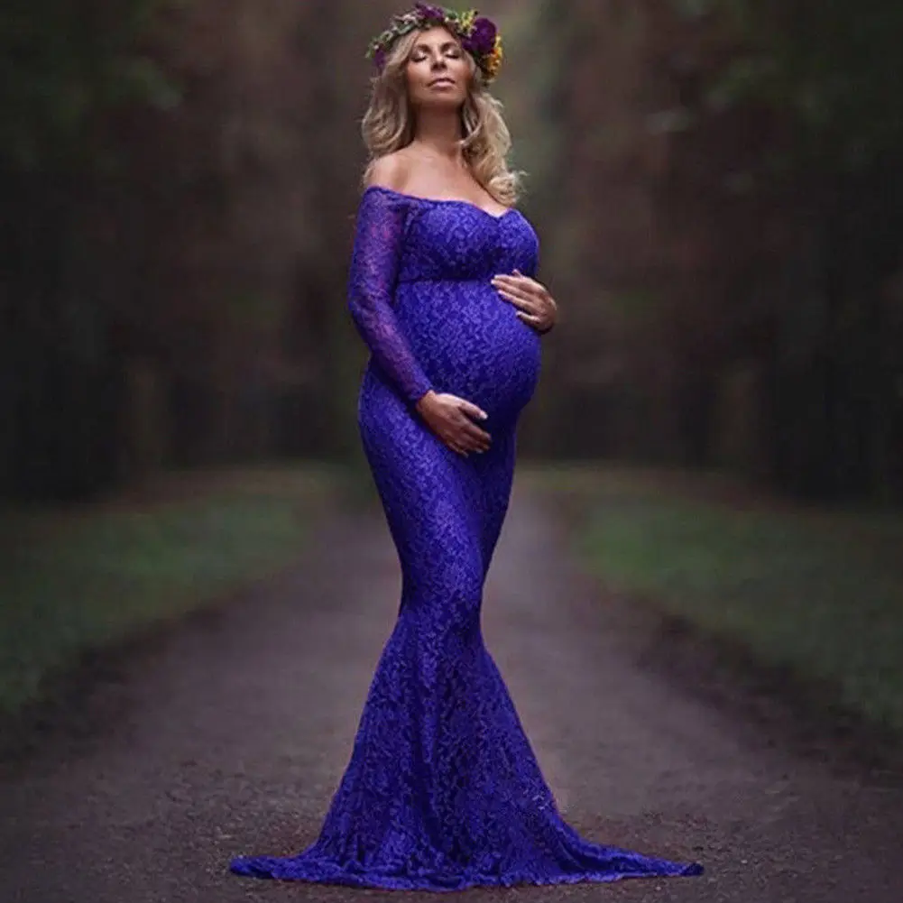 Новая женщина Материнство Кружева с плеча V шеи длинное платье макси платье для фотография беременной женщины реквизит - Цвет: A
