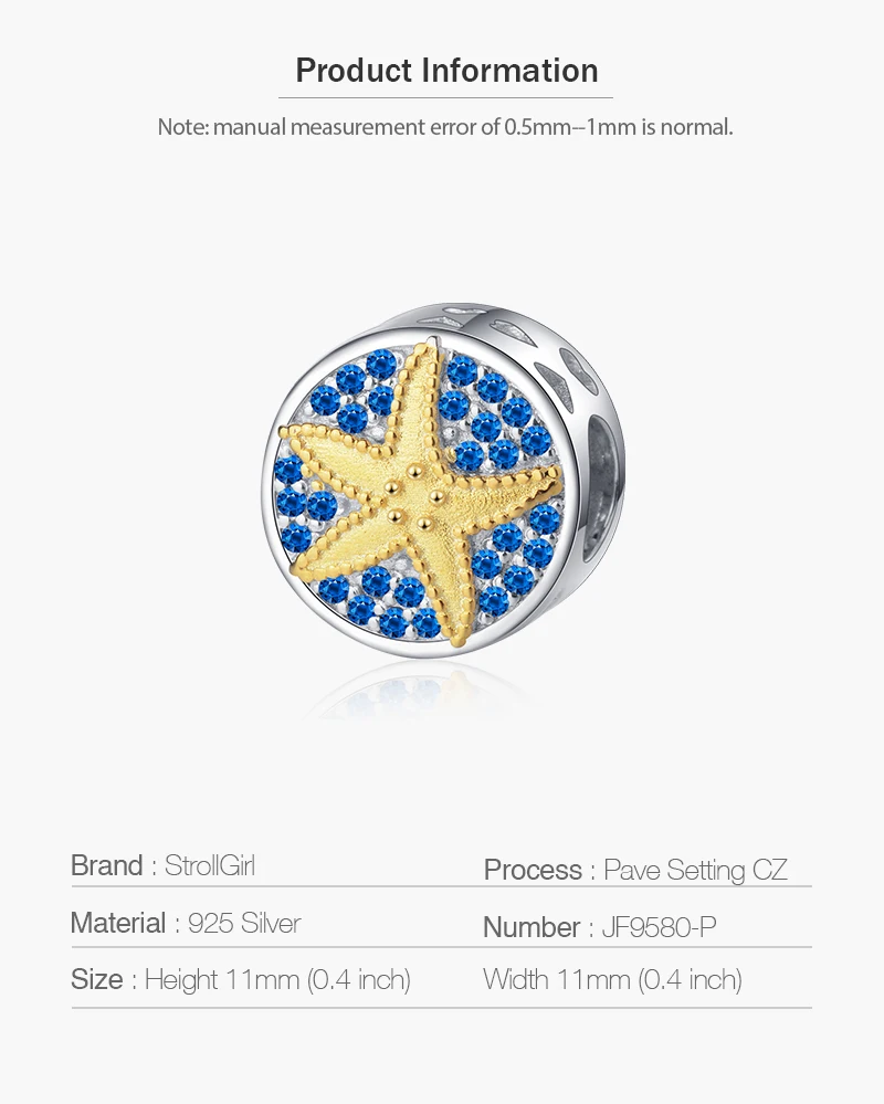 SG starfish charm with yellow Enamel charm bead 925 sterling silver Blue zircon charms for DIY charms Bracelet women gifts