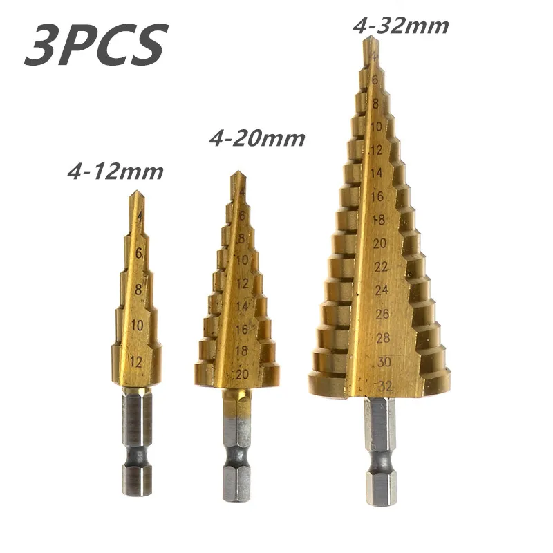 

ZENHOSIT Hex Shank HSS Steel Step Drill Bit Using For Home Industrial 4-12mm/ 4-20mm/ 4-32mm Woodworking Cutting Tool Drilling