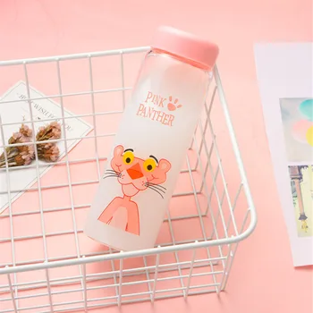 

Ins Cute Cartoon Pink Panther Drink Bottle Transparent Glass Water Bottles with Insulated Cover Milk Coffee Drinkware