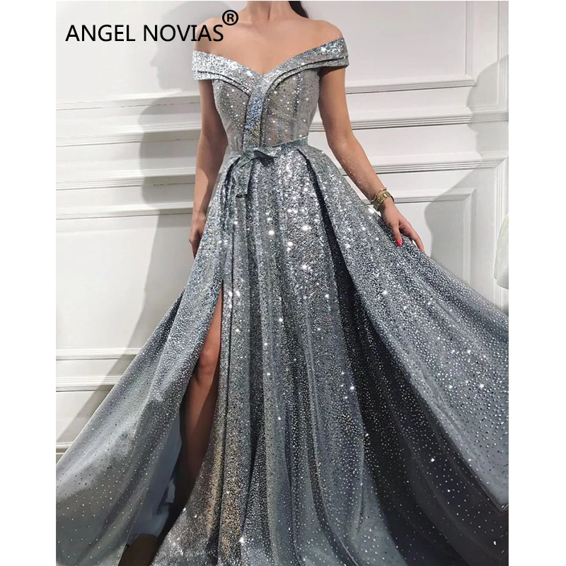 

ANGEL NOVIAS Long Elegant Grey Glitter Saudi Arabic Women Evening Dresses 2018 Avondjurken 2018 Custom Made
