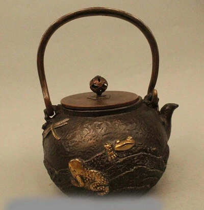 Copper Brass CHINESE crafts decoration Asian 9&quot Archaic Japan Japanese Iron Frog dragonfly Kettle Wine Tea Pot Flagon | Дом и сад