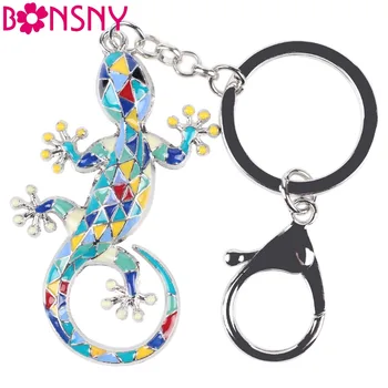 

Bonsny 2016 Enamel Alloy Gecko Lizard Alloy Metal Key Chain Key Ring Pom Gift For Women Girl Bag Charm Keychain Pendant Jewelry