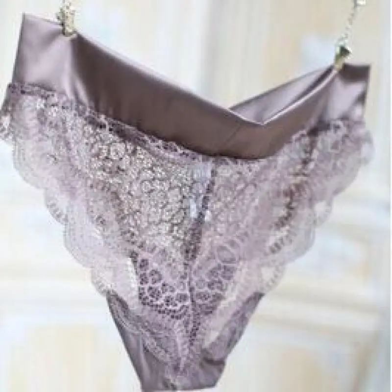 3pcs/lot Luxury Satin Panties With Transparent Lace Silky Low Waist