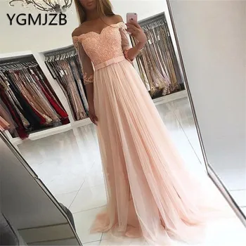 

Robe De Soiree 2019 Long Evening Dresses A-Line Boat Neck Half Sleeves Beaded Appliques Women Formal Prom Gown Party Dress