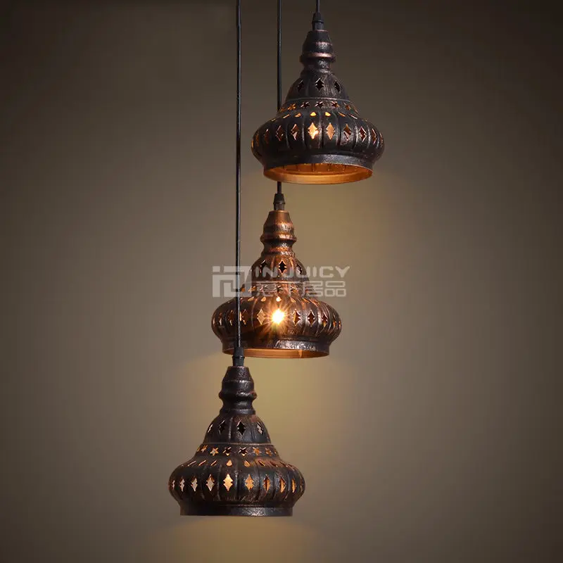 Vintage India E14 Edison Iron Pendant Lamps Antique Industrial Hollow Metal Chandeliers Bar Cafe Restaurant Bedroom