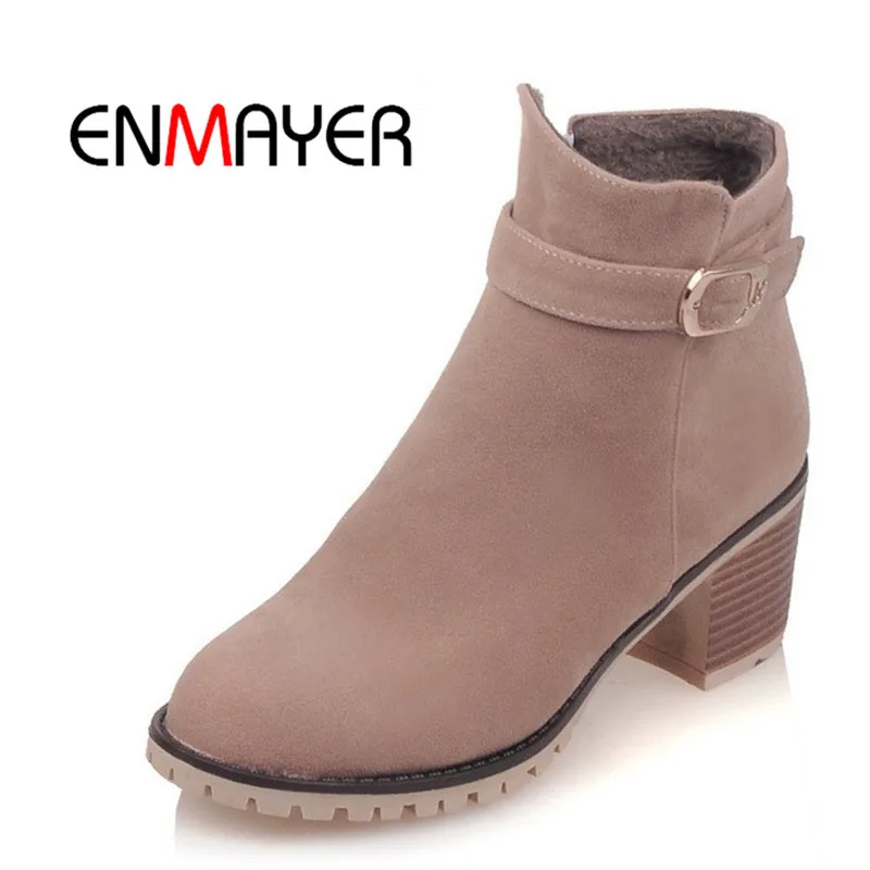 

ENMAYER 2018 Newest Fashion Round Toe Flock Boots Women Woman Casual Shoes Woman Platform Black Pink Buckle Strap Shoes WHY64