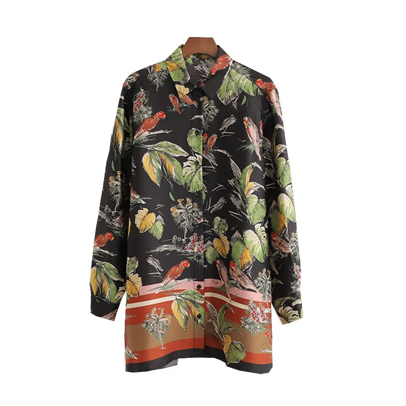

Women Floral Print Satin Long Shirt Turn Down Collar Blouse Oversize Ladies Top