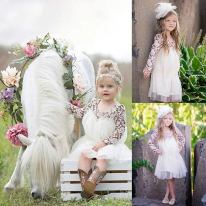 

2018 Spring Summer Tutu Girl Dresses Kids Baby Girls Princess Party Lace Tulle Dress Long Sleeve Floral Elegant Dress 1-5T