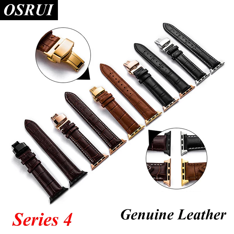 

OSRUI Genuine Leather strap For Apple watch band 44mm Iwatch series 3 2 1 correa 42mm 38mm bracelet wrist belt Butterfly buckle