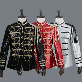 

Military Style DS Singer Nightclub Costume Men's Sequins Chains Epaulet Blazer Suits Glitter Jacket Coat Shiny Outwear Top S-3XL