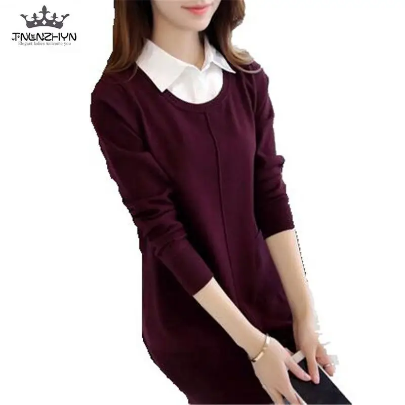

2019 Autumn New Loose Women Pullover Sweater Long Section Pullover Fake Two Shirt Collar Knitwear Sweater Jacket A1818