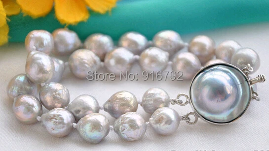 

free P&P >>>>> 8" 2row 12mm gray almost round Edison PEARL bracelet mabe clasp