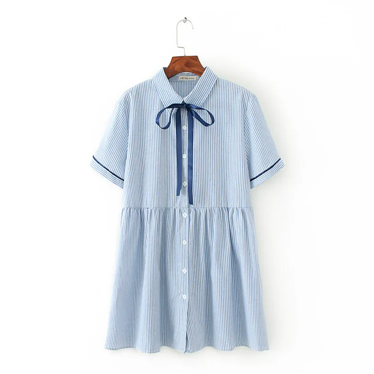 

Plus size summer women turn-down collar short Sleeves striped cotton linen dress 2018 high waist light blue vestidos female