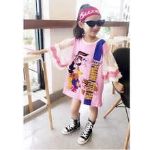 Летнее платье для девочек; платье-футболка для малышей; модная детская одежда; vestido; детское платье с рисунком утки и кролика; Сетчатое платье с пышными рукавами для детей от 3 до 14 лет