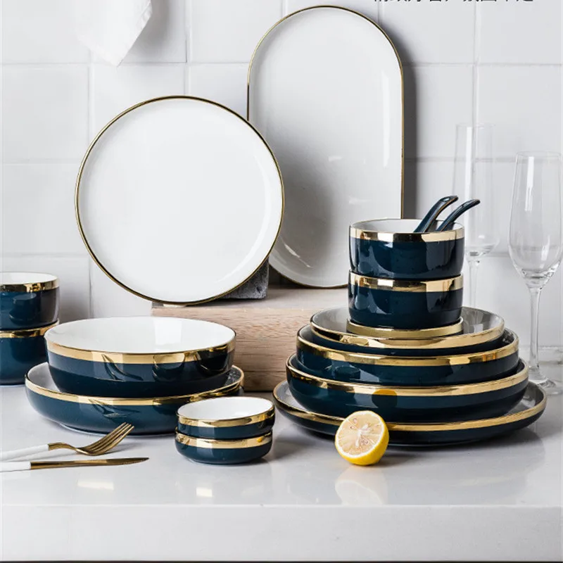 

NIMITIME European Style Ink Golden Inlay Ceramic Tableware Household Rice Bowl Dish Steak Dish Tableware