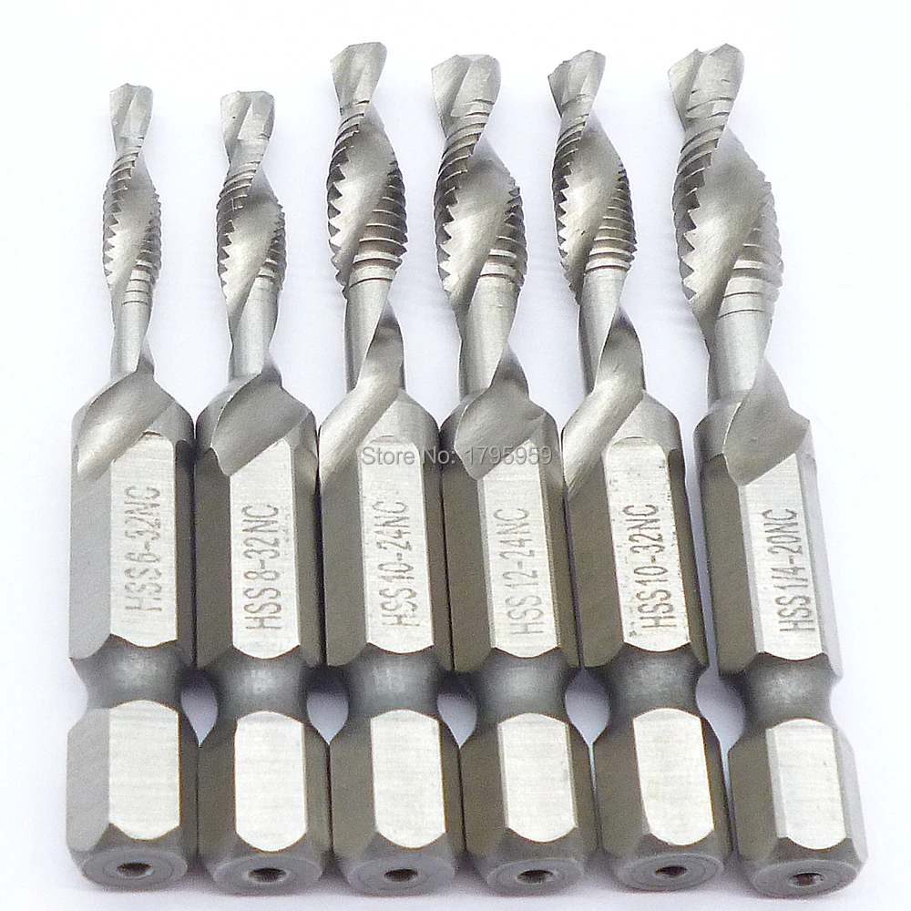 6pcs 1/4" Hex HSS Spiral Tap Screw Machine SAE Drill/Tap/Deburr Bit Set