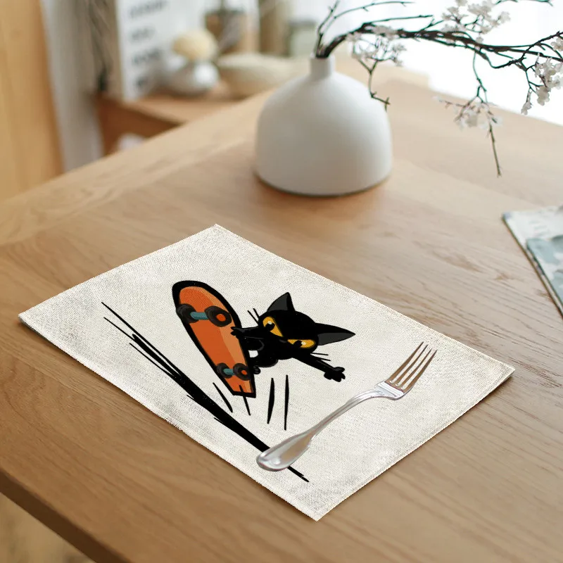 Скатерть с животными из мультфильмов 42x32 см черный милый кот велосипед скейтборд чайная, кофейная кружка Pad кухня ресторан украшение подставка в стиле «Вестерн»