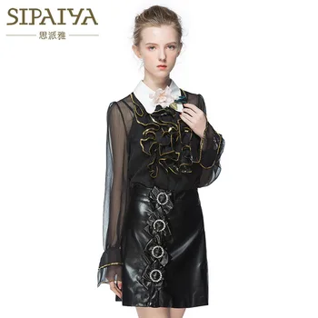 

2017 SIPAIYA Woman Black PU Leather Button A-line Short Mini Skirts Ladies High Waist Black Bodycon Mini Skirt Side Bow Tie