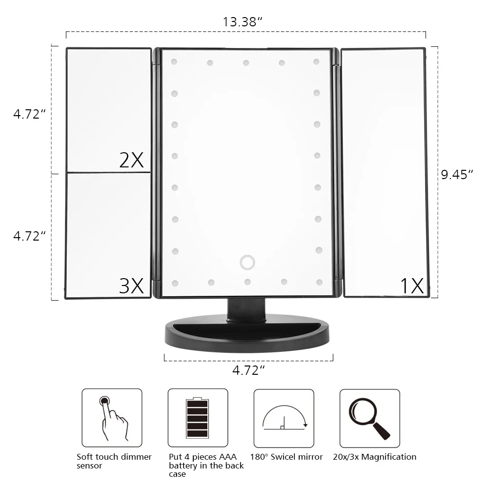 22 светодиоды Сенсорный экран зеркало для макияжа 1X/2X/3X увеличительное зеркала суета 3 складной регулируемый вращающийся на 180 градусов
