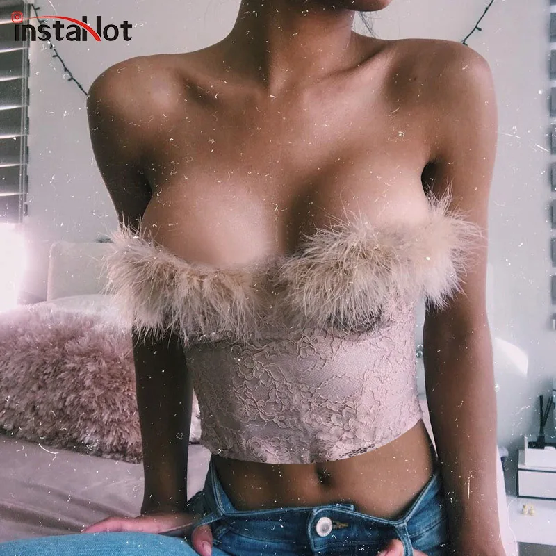 InstaHot Summer Lace Fur Pink Strapless Crop Tops Women Underwire Elegant Tube Tops Ladies Cute Camisole Corset Basic Top Skinny
