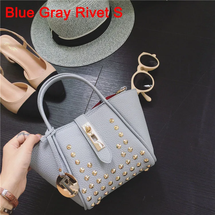 Модные женские сумки-мессенджеры, Дизайнерские Сумки из искусственной кожи и сумочки с заклепками личи, женская сумка на плечо, трапециевидные женские сумки через плечо - Цвет: Blue Gray Rivet S