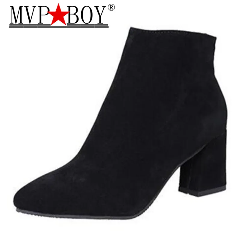 

MVP BOY Genuine Leather Martin Boots Autumn winter Fashion Thick Heel High Heel Shoes Woman Ankle boots Plus Size 34-44 black