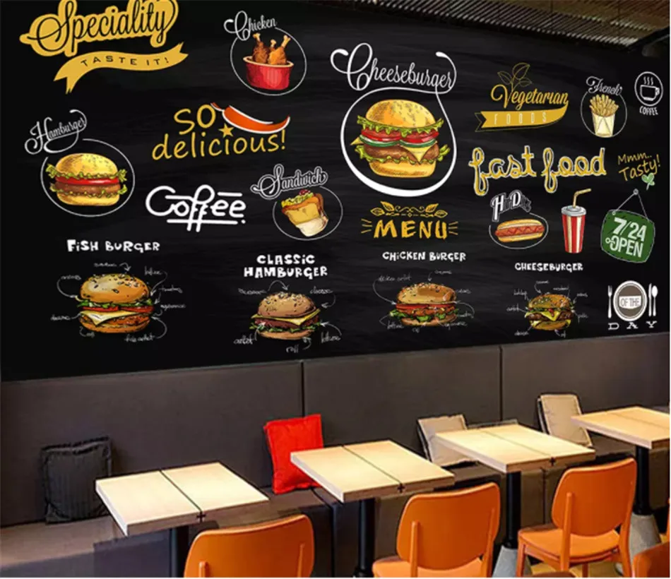На заказ настенная Бумага 3d Ручная роспись Доска западный ресторан пицца гамбургер фаст-фуд магазин фон обои 3D