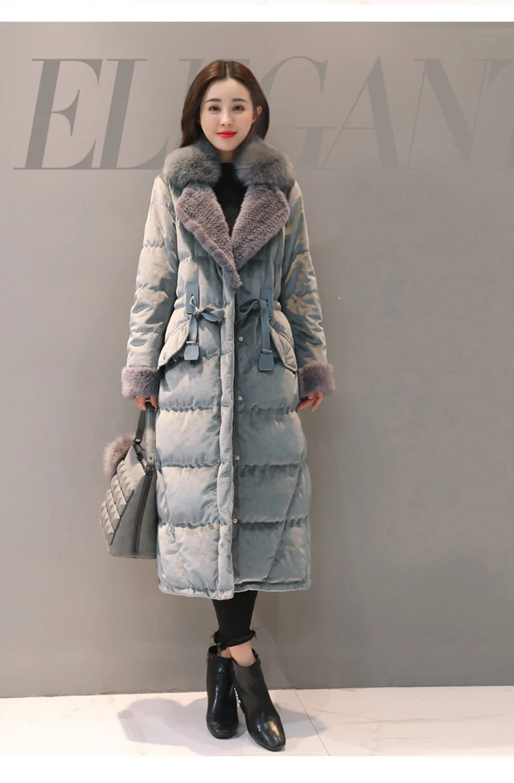 Толстое теплое Женское зимнее пальто с белым утиным пухом, длинное пальто со съемным воротником из лисьего меха, модные женские пуховые парки, пальто, зимняя одежда