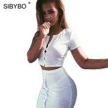 Sibybo Summer Casual Dress 2 Piece Set Knitted Button White Women Sexy Crop Bodycon Party Dresses