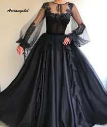 Robe de soiree/Черное вечернее платье 2019, круглый вырез, рукава, кружева, Аппликации, ручная работа, бисером, Длинные вечерние платья