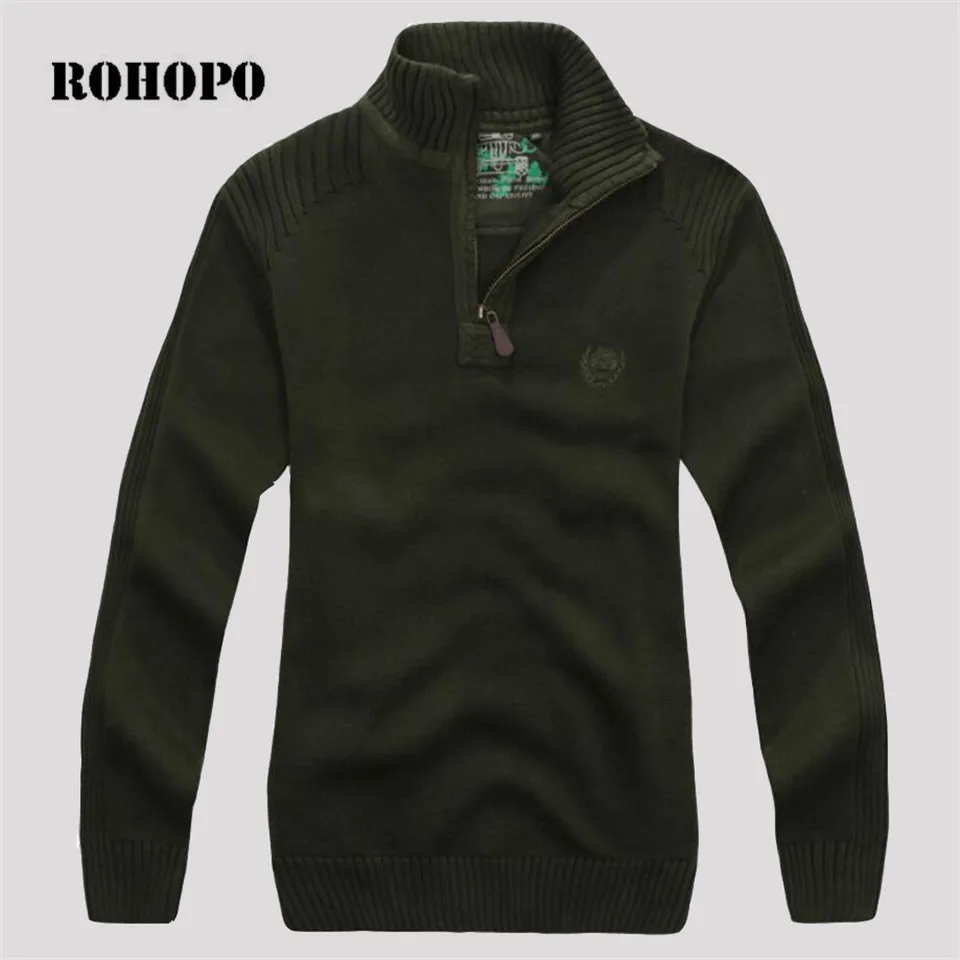 ROHOPO Повседневный пуловер на молнии с воротником в стиле милитари, свитер, Свободная трикотажная одежда для мужчин