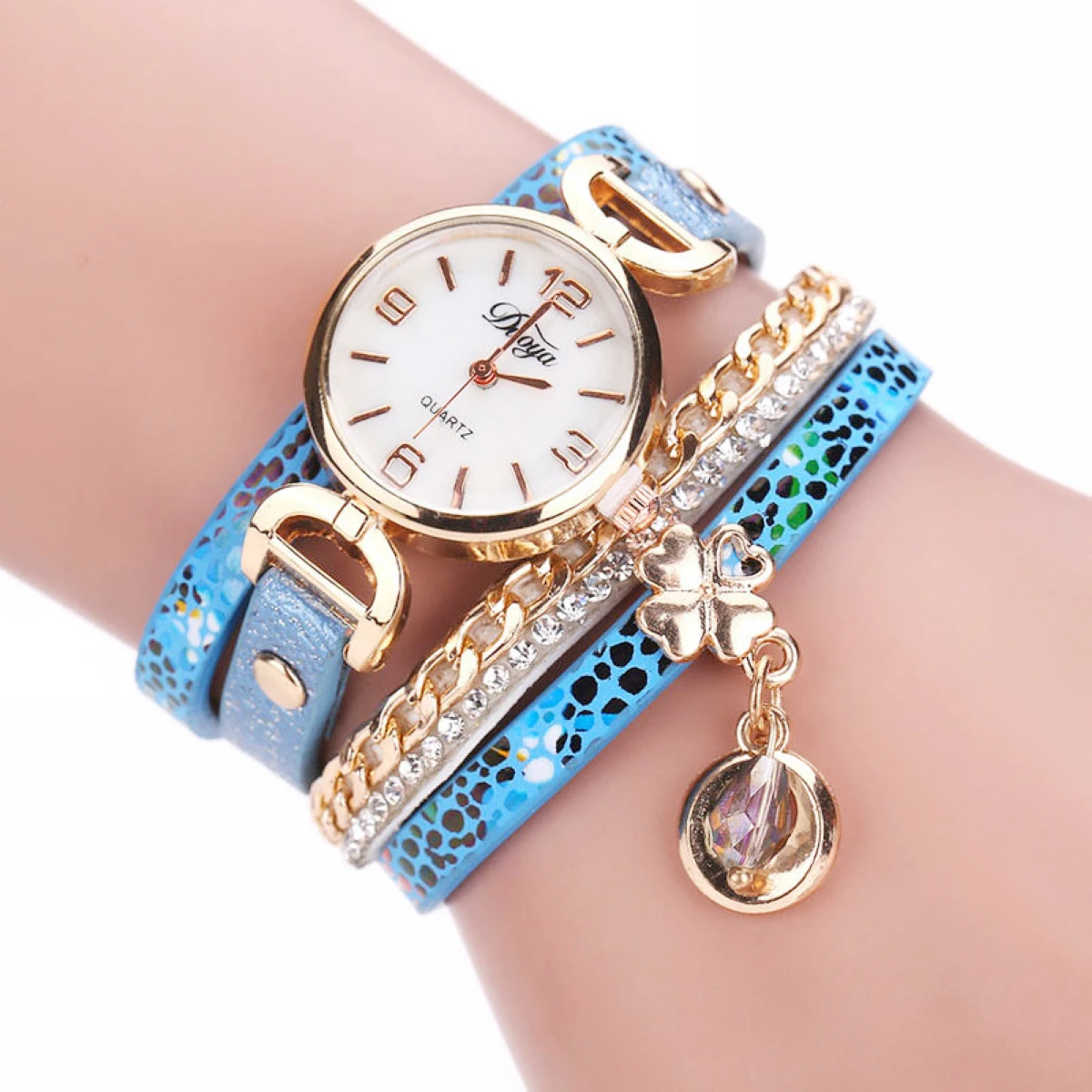 Women's Crystal Rhinestone Leopard Leather Chain Wrap Bracelet Wrist Watch
