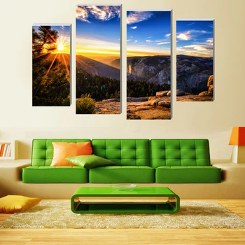 

4 Pcs/Set Print Oil Painting(No Frame) Mountain Sunrise Wall Pictures For Living Room Canvas Vintage Home Decor Modular Pictures