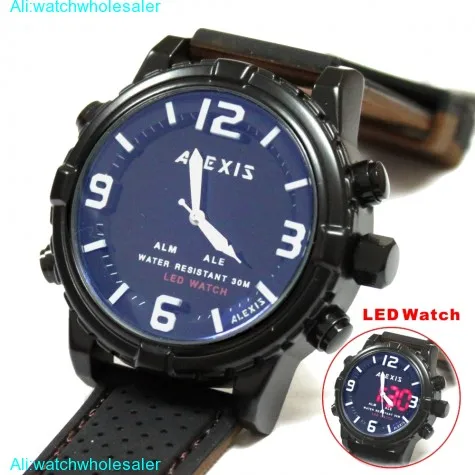 AW801G Water Resist Silicone Black Band Boy Girl Dual Time Alexis Anadigit Watch