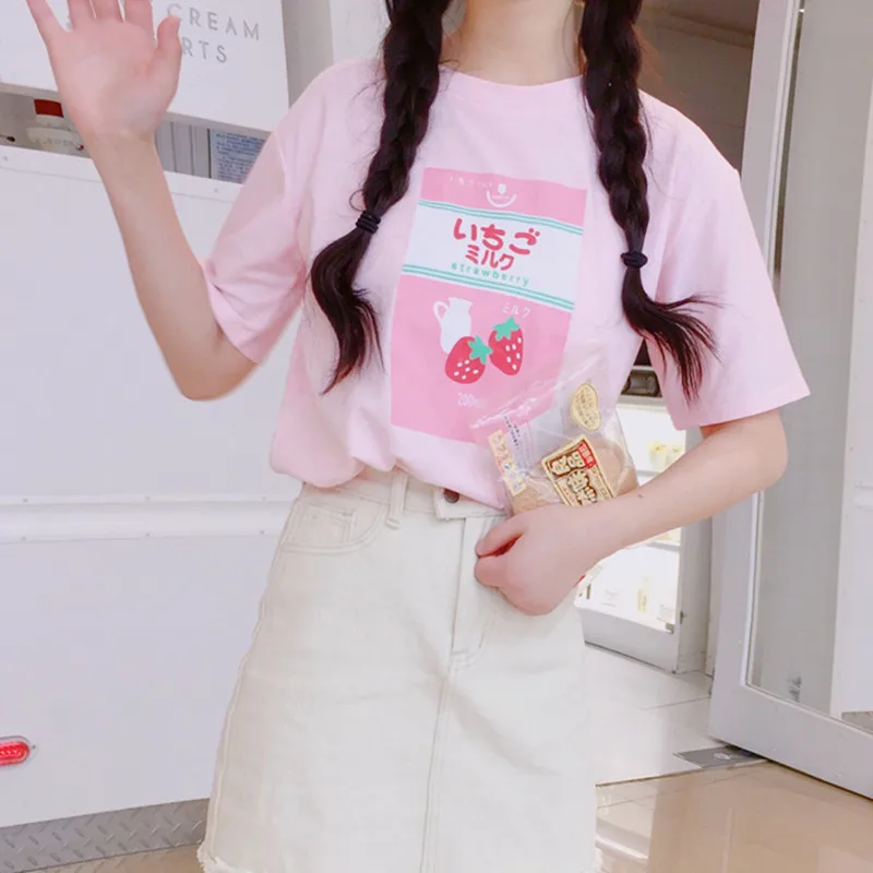 Harajuku Kawaii клубничное молоко футболка с изображением школьницы одежда японская