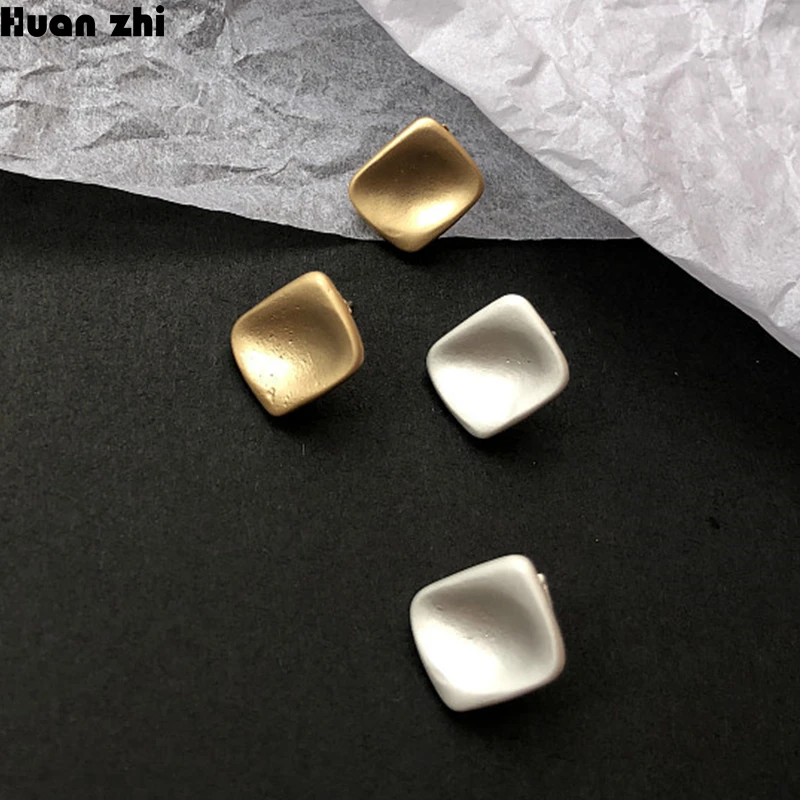 HUANZHI, Корея, Ретро стиль, S925 серебро, булавка, матовый металл, золото, вогнутая, квадратные серьги-гвоздики для женщин, мужчин, вечерние, ювелирные изделия