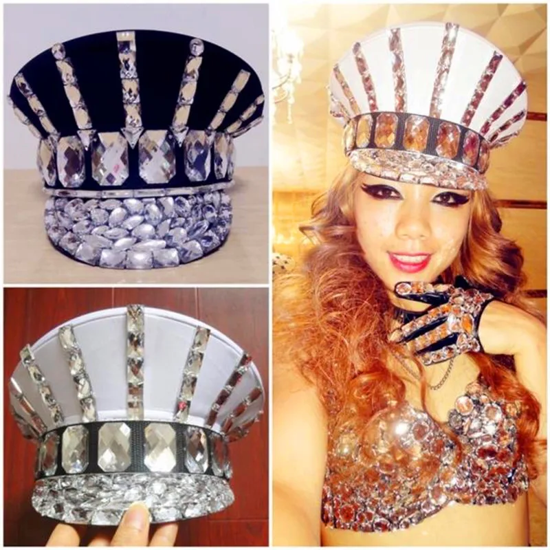 

Ds Costume Bling Baby Hats Sparkling Diamond Rhinestone Black White Performance Cap Roupa Feminina Beyonce Dance Costume Dj