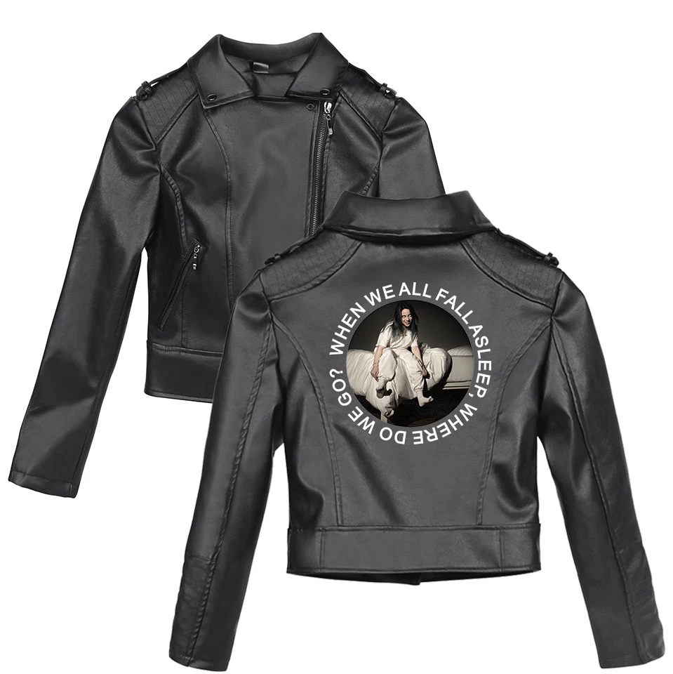 

Billie Eilish Printing Women Basic Jackets Hot PU Black Motorcycle Leather Jacket Trend Casual Tight Clothing