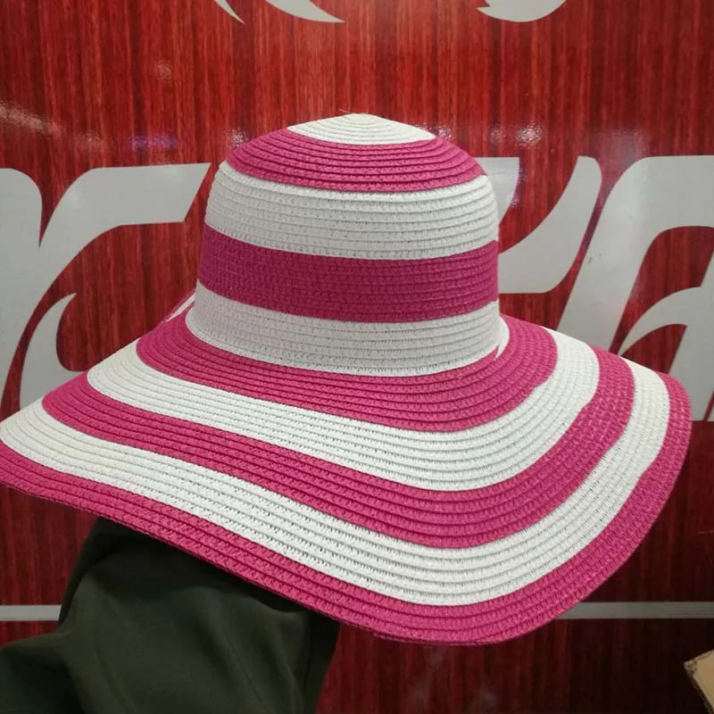 Летняя женская соломенная шляпа с большими полями, Пляжная соломенная шляпа в черно-белую полоску, плетеная шляпа SDDS005 - Цвет: fushia