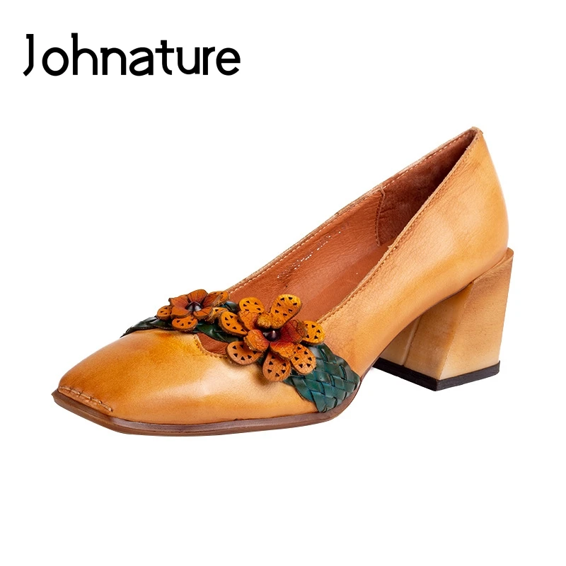 Johnature 2019 New Spring/Autumn Cow Leather Square Toe Casual Retro Sewing High Heels Slip-on Fashion Women Shoes Pumps